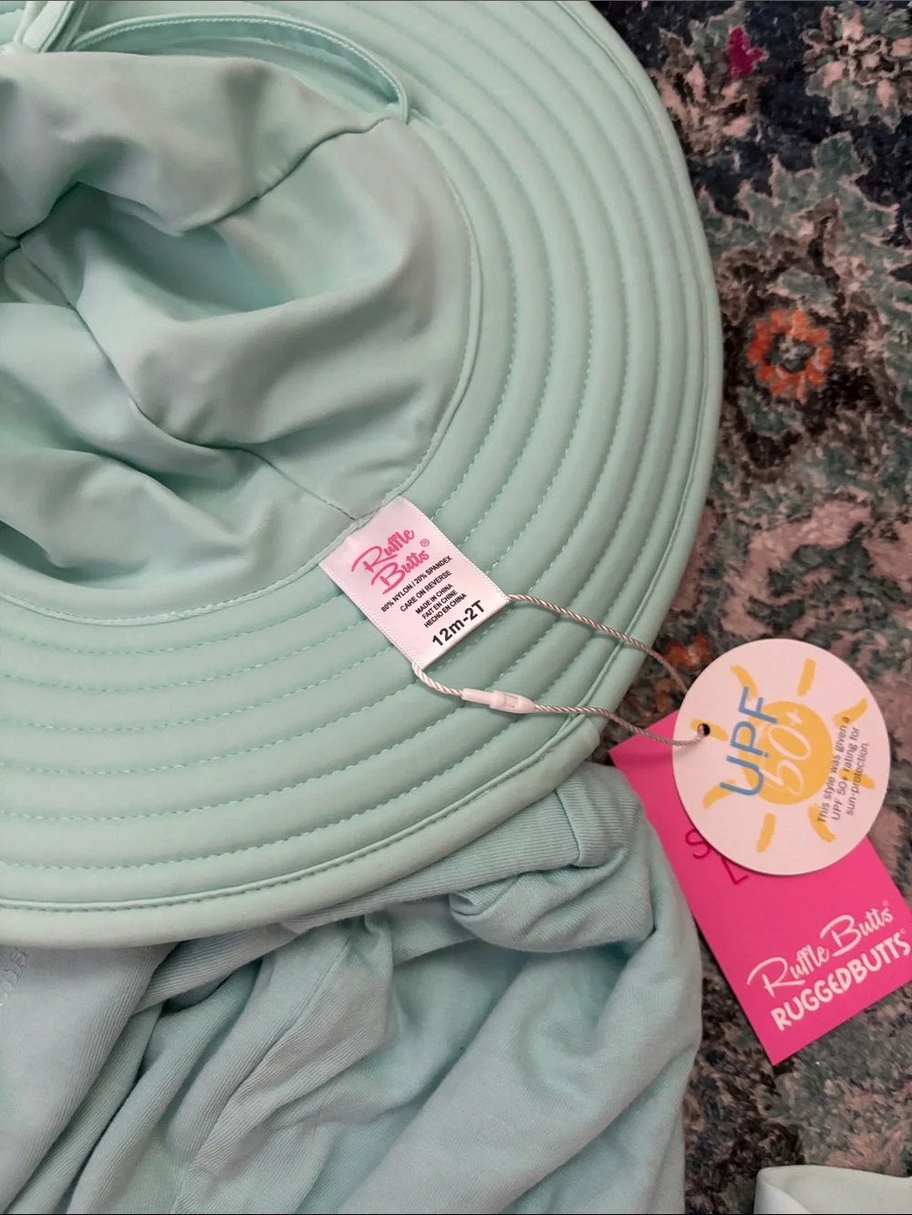 Ruffle Butts Mint Floral Girls Swim Set with Sun Hat